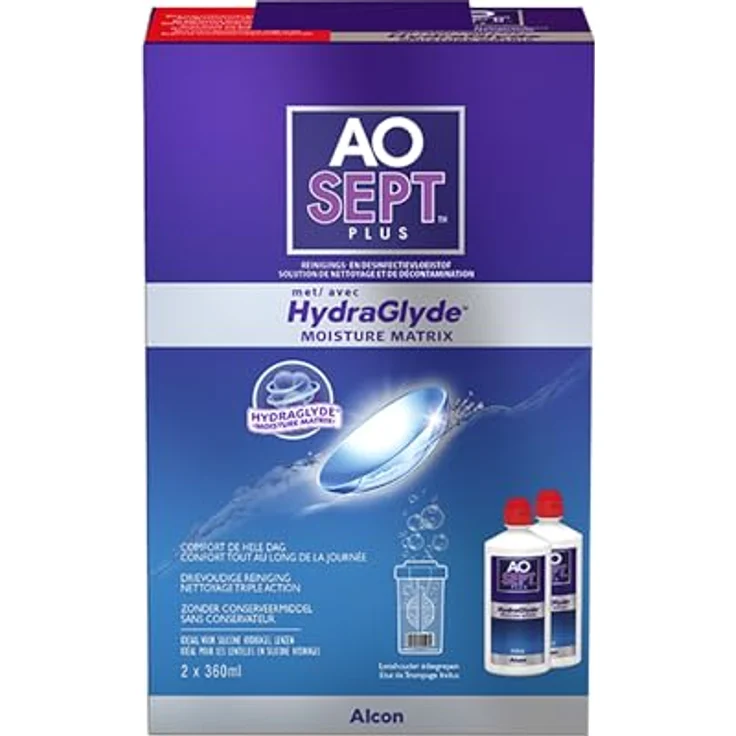 Aosept Plus mit HydraGlyde, Kontaktlinsen-Pflegemittel mit Dreifach-Reinigung und 16 Stunden Feuchtigkeit, 2 x 360 ml – Bild 1