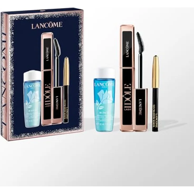 Lancôme Lash Idole Mascara-Set für Volumen und Lifting, 8 ml + zweiphasiger Make-up-Entferner 30 ml + Khol Mini-Eyeliner, Wimpernverlängerungseffekt, Schwarz