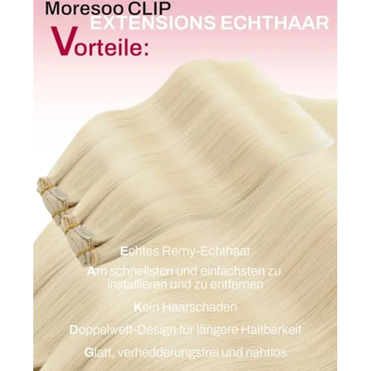 Moresoo Clip in Extensions Echthaar, 80g Platinblond, 25 cm, 5 Stück, langlebig und leicht zu tragen – Bild 2