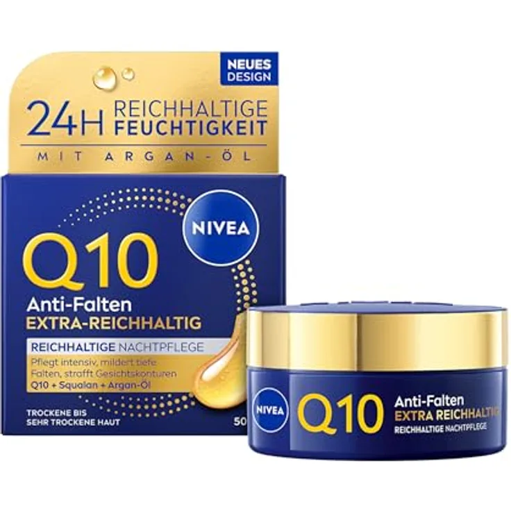 NIVEA Q10 Anti-Falten Power, Reichhaltige Nachtpflege 50ml mit Bio-Argan-Öl und Squalan für trockene bis sehr trockene Haut