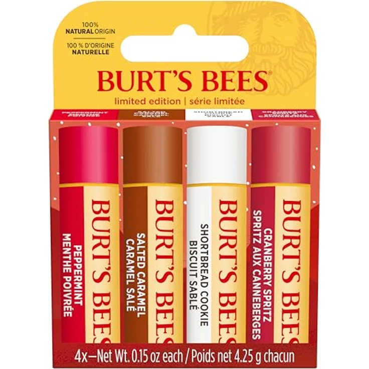 Burt's Bees Geschenkset Lippenbalsam-Set mit Bienenwachs und Vitamin E, 4 Geschmacksrichtungen: Shortbread Cookie, Cranberry Spritz, Salzkaramell, Pfefferminz, 4 x 4,25 g, 100 % natürlich – Bild 1