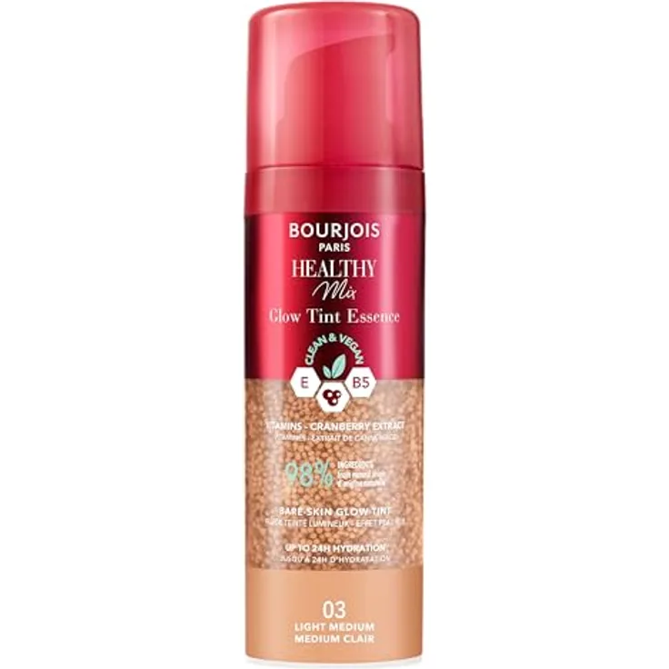Bourjois Healthy Mix Glow Tint Essence feuchtigkeitsspendende Haut-Ausgleichsessenz, 03 Light Clair, 30ml, strahlendes Finish, reduziert Poren und Rötungen