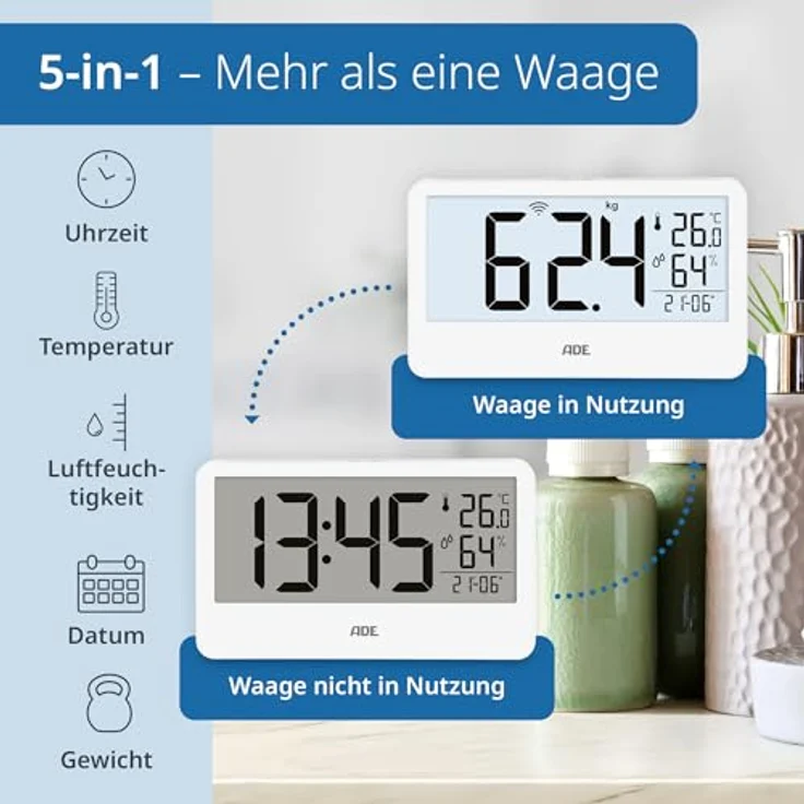 ADE Digitale Personenwaage Ronja, Funk-Display bis 180 kg, ablesbar auf Augenhöhe, mit Baduhr, Hygrometer und Innenthermometer, weiß – Bild 4