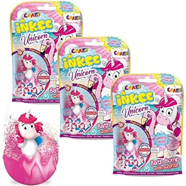 INKEE UNICORN BEACH | 3er Set Einhorn Badekugeln mit Überraschung, Popcorn-Duft, bunter Schaum, 3x 100g – Bild 1