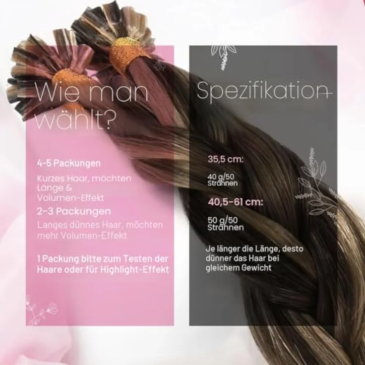 Moresoo U Tip Haarverlängerung 1g Hot Fusion Keratin Extensions, Dunkelbraun mit Karamellblond, 50g, 40 cm Echthaar Remy Pre Bonded – Bild 3