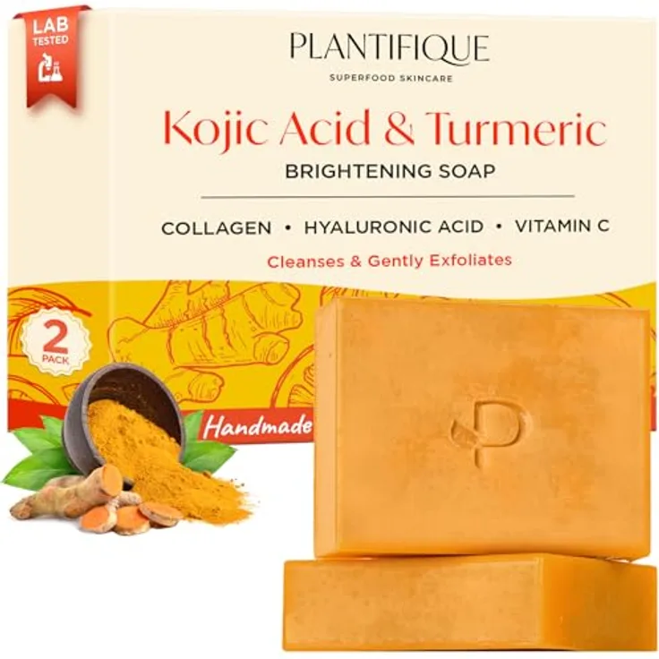 PLANTIFIQUE Kojic Acid Soap, 2 Stück - Kojisäure und Kurkuma Seife mit Hyaluronsäure, Kollagen und Vitamin C - Für Hyperpigmentierung und Dunkle Flecken, 160g
