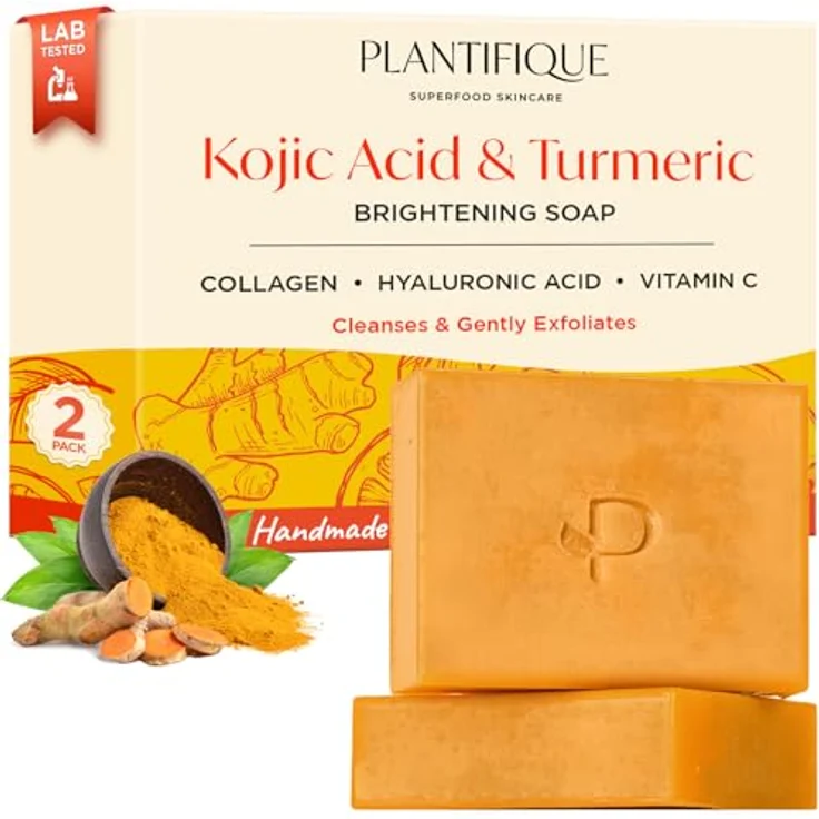 PLANTIFIQUE Kojic Acid Soap, 2 Stück - Kojisäure und Kurkuma Seife mit Hyaluronsäure, Kollagen und Vitamin C - Für Hyperpigmentierung und Dunkle Flecken, 160g – Bild 1
