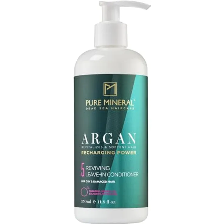 M PURE MINERAL DEAD SEA COSMETICS Pure Mineral Argan Conditioner ohne Ausspülen, 350ml - Feuchtigkeit und Glanz für trockenes Haar, angereichert mit Vitamin E, ohne Sulfate, Parabene und Petrolate