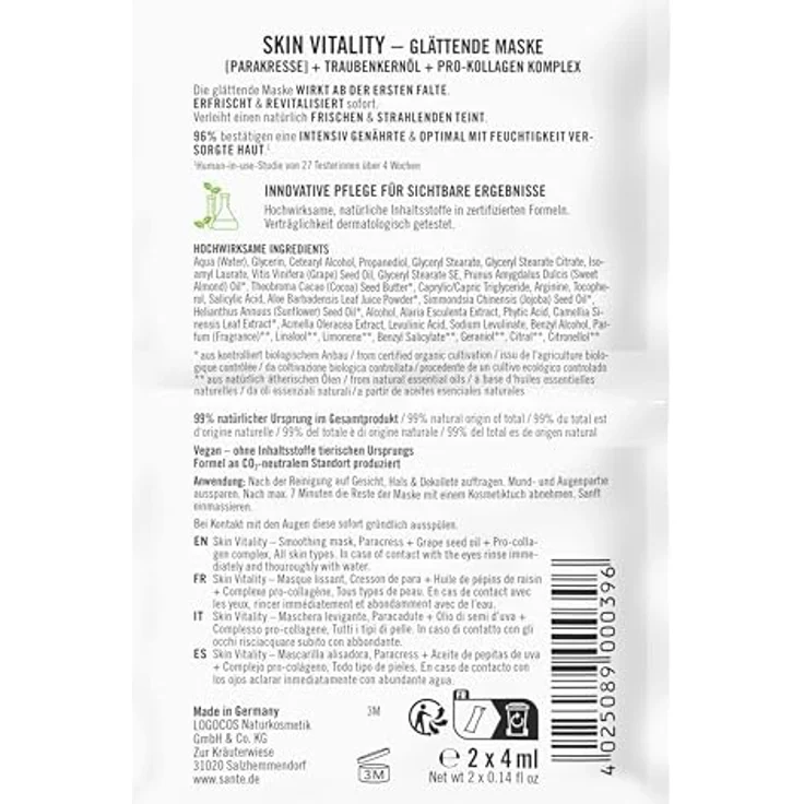 SANTE Naturkosmetik Skin Vitality Glättende Maske, revitalisierende Feuchtigkeitsmaske mit Parakresse, Traubenkernöl & Pro-Kollagen-Komplex, 8ml – Bild 2
