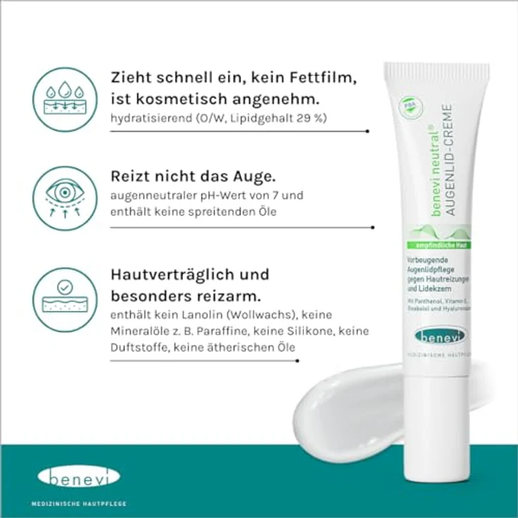 benevi Augenlid-Creme 15 ml für trockene, empfindliche Augenlider. Kein Fettfilm. Auch als tägliche Augenlidpflege bei zu Lidekzem oder Rosacea neigender Haut. – Bild 3