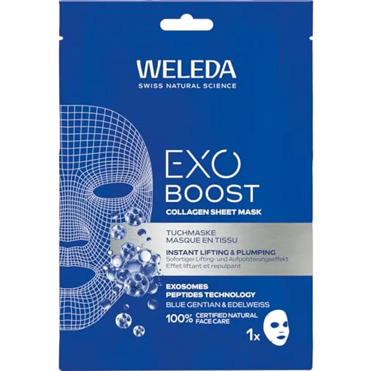 Weleda Bio Exo Boost Collagen Tuchmaske Blauer Enzian – Naturkosmetik Gesichtsmaske mit Collagen+ Active Complex & EXOSOMES PEPTIDES TECHNOLOGY für straffere Haut & Glow, vegan, 20ml