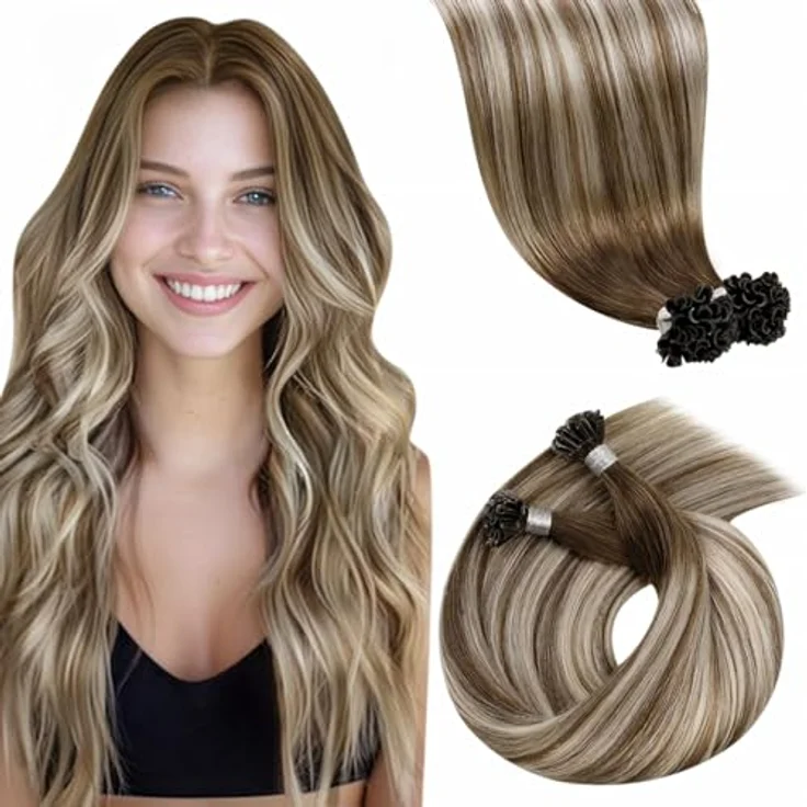 LaaVoo Bondings Extensions Echthaar U-Tip Hot Fusion, Ombre Braun zu Platinblond Balayage, 50cm, 50g, #8/60/8 – Bild 1