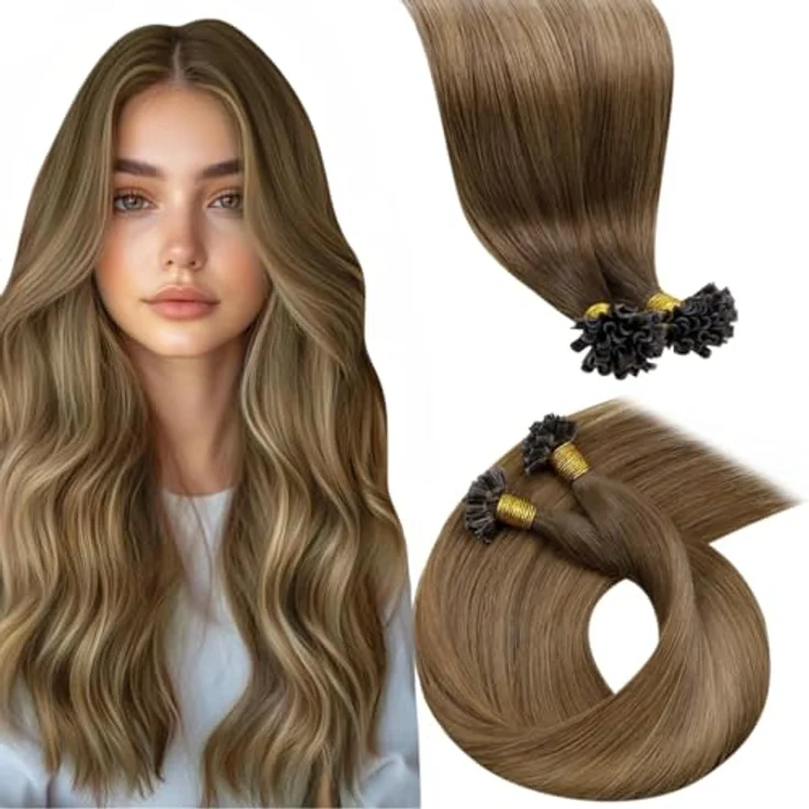 LaaVoo 55cm Echthaar Bonding Extensions, Ombre Braun mit Balayage Blond, pre-bonded Keratin U-Tips, 50g – Bild 1