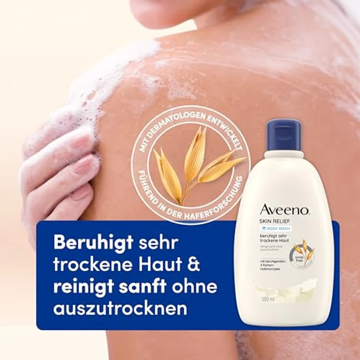 Aveeno Skin Relief veganes Duschgel seifenfreie Pflegedusche mit beruhigendem 3-fachem Haferkomplex für sehr trockene, empfindliche Haut 500ml – Bild 2