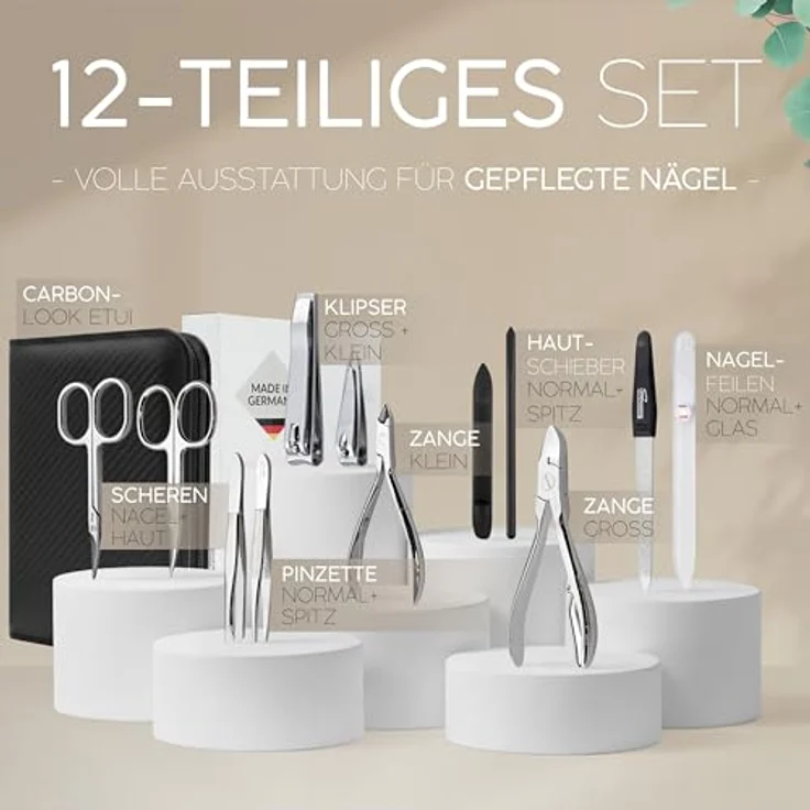 marQus Solingen Maniküre Set 12-teilig, Kunstleder Etui in Carbon mit Nagelpflegewerkzeugen für Hand- und Fußpflege, Made in Germany – Bild 3