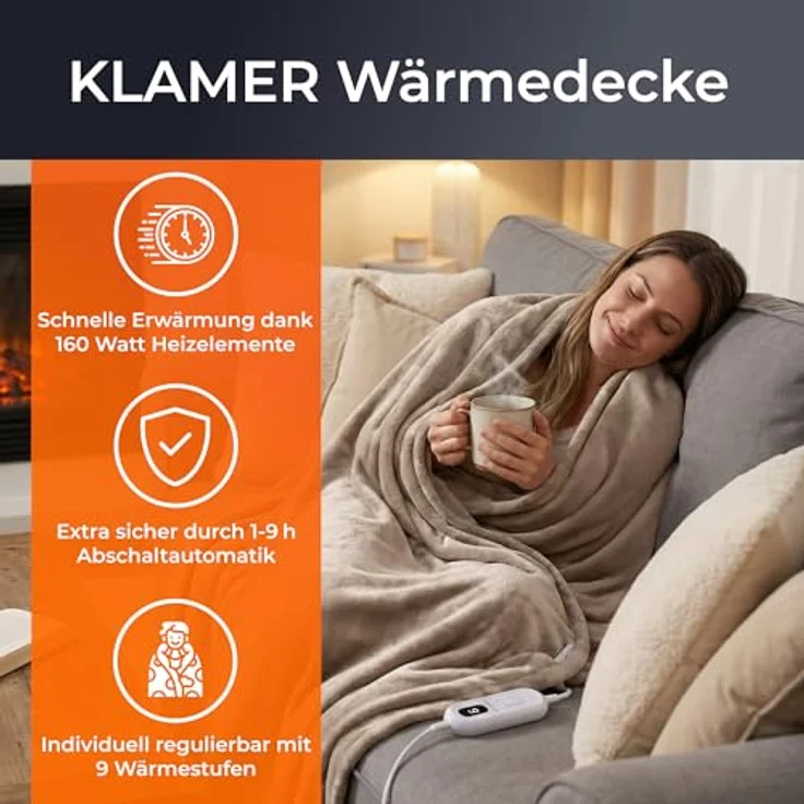 KLAMER Heizdecke 180x130 cm, waschbare Wärmedecke mit 9 Temperaturstufen und Abschaltautomatik, braun – Bild 2