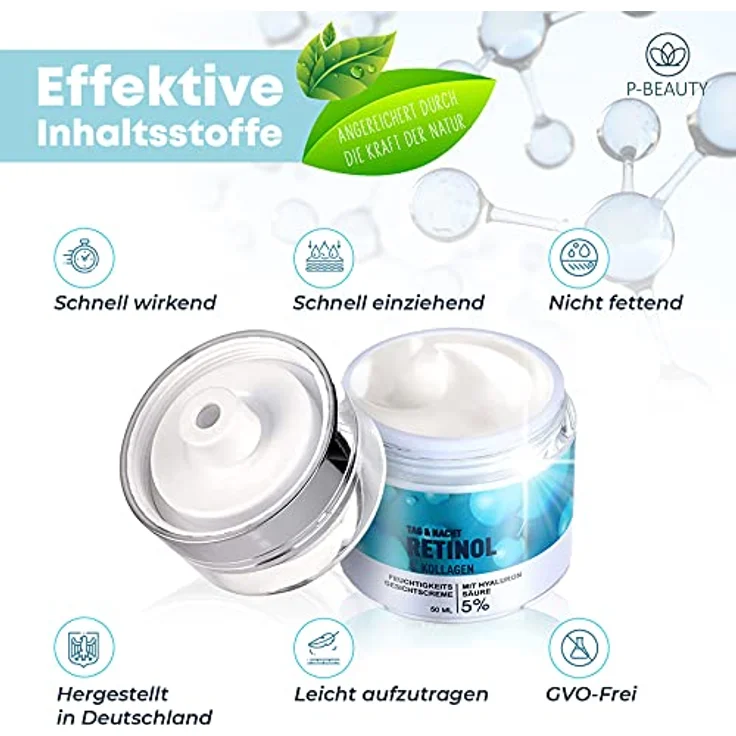 P-Beauty Retinol Creme, Anti Aging mit 5% Retinol 50ml - Feuchtigkeitscreme, Nachtcreme & Tagescreme mit Hyaluronsäure - Anti Falten Creme, Gesichtspflege mit Kollagen, Aloe Vera & Vitaminen – Bild 2