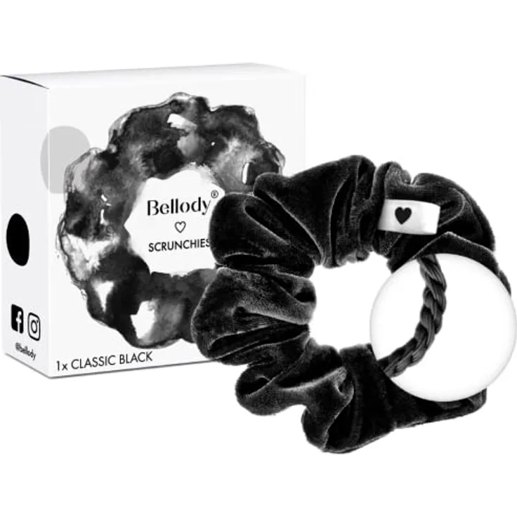 Bellody® Scrunchies Samt – Samtig weich, starker Halt, Velvet Look, exklusive Farben (1 Stück - Classic Black) - Haargummi Scrunchie in Schwarz