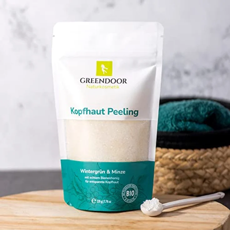 GREENDOOR Kopfhaut Peeling Wintergrün Pfefferminze 220g gegen trockene gestresste Kopfhaut | Haarfollikel werden besser durchblutet/versorgt, Haarwachstum natürlich gefördert, Naturkosmetik Haare – Bild 2