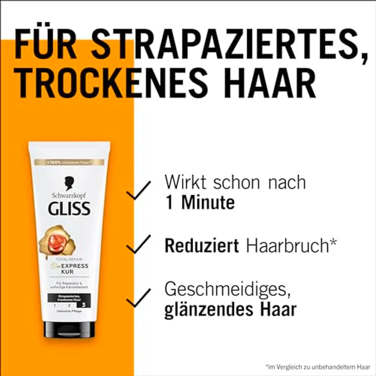 Gliss 1-Minute Intensivkur Total Repair (200 ml), Haarkur mit flüssigem Keratin für trockenes und strapaziertes Haar, repariert Schäden in nur 1 Minute – Bild 4
