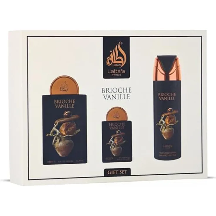 Lattafa Pride Brioche Vanille Geschenkset, 3-teilig (100 ml EDP + 200 ml Körperspray + 20 ml Travel EDP) - Unisex langanhaltender Duft mit Bergamotte, Brioche Accord, Vanille und Praline