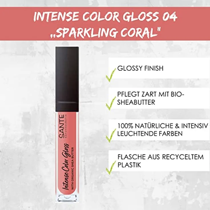 Sante Naturkosmetik Natürlicher Lipgloss mit glänzendem Finish, Mit Sheabutter für gepflegte Lippen, Intense Color Gloss, Nr. 04 Sparkling Coral, 1 x 5,3 ml – Bild 2