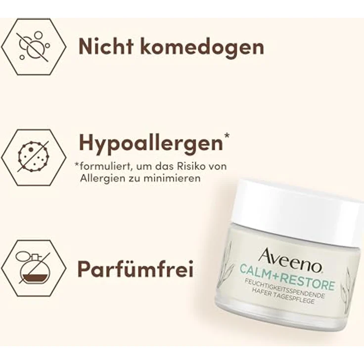 Aveeno CALM+RESTORE Feuchtigkeitsspendende Hafer Tagespflege (50 ml), parfümfreie 24 Stunden Feuchtigkeitspflege, beruhigt sofort empfindliche Haut, mit präbiotischem Hafer & beruhigendem Mutterkraut, Gel-Creme-Formel – Bild 3