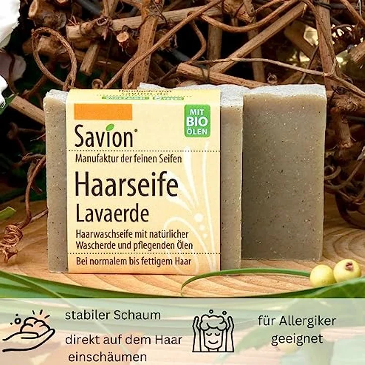 Savion Haarseife Lavaerde, für normales und fettiges Haar, Vegan, Palmölfrei, Tierversuchsfrei, Plastikfrei, 85g – Bild 4