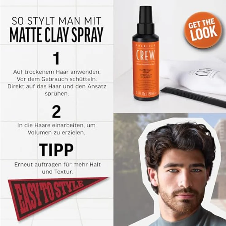 AMERICAN CREW Matte Clay Spray, 150 ml, ölabsorbierendes Texturspray für Männer, mittlerer bis starker Halt, mattes Finish – Bild 3