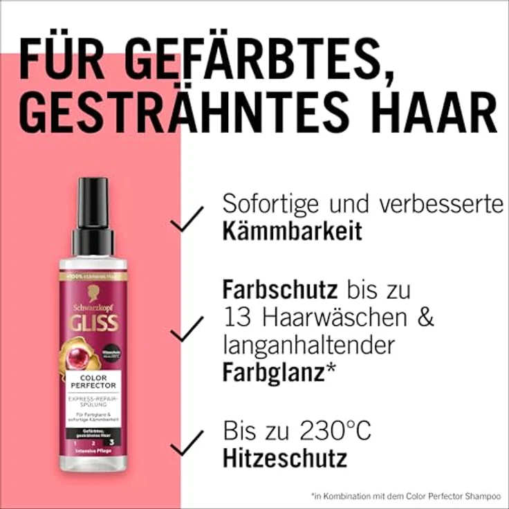 Gliss Kur Express-Repair-Spülung Color Perfector, 200ml, Hitzeschutz bis 230°C, Hyaluron-Komplex & Cranberry-Extrakt, Farbschutz bis 13 Wochen – Bild 4