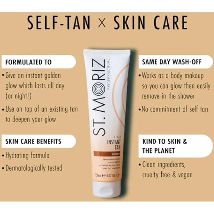 St. Moriz Professional Wash Off Body Tan Medium, Selbstbräuner, 150ml, wasserfest und streifenfrei, für sofortige Bräune – Bild 2