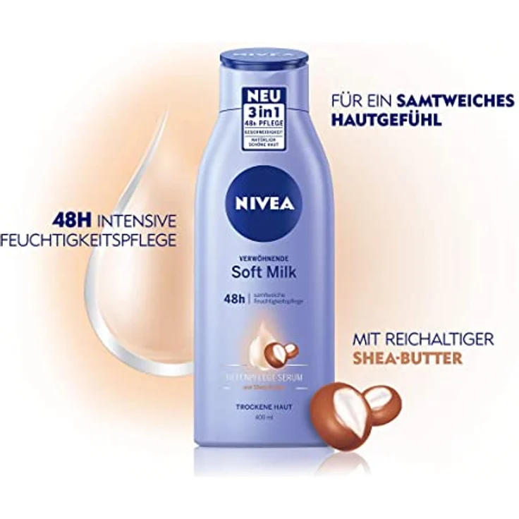 NIVEA Verwöhnende Soft Milk (400 ml), Body Milk für trockene Haut mit Tiefenpflege Serum, Feuchtigkeitspflege mit Shea Butter natürlichen Ursprungs – Bild 3