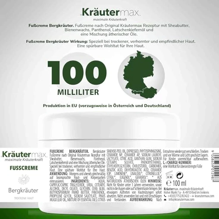Kräutermax Fußcreme trockene Füße, 100 ml mit Sheabutter, Bienenwachs und ätherischen Ölen für empfindliche Haut – Bild 2