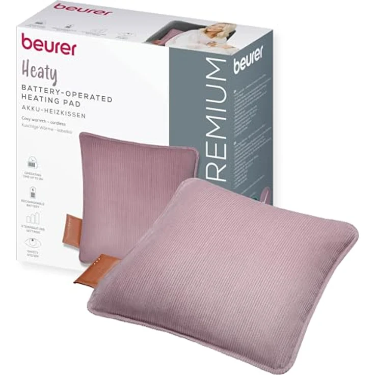 Beurer Heaty Heizkissen, kabelloses Wärmekissen mit Akku, bis zu 8 Stunden Wärme, Abschaltautomatik, 3 Temperaturstufen, Schnellheizung, weicher Cordstoff, lavender-lilac/lila – Bild 1