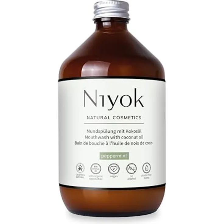Niyok Mundspülung - Pfefferminze, 500ml 2er Pack, mit antibakteriellem Bio-Kokosöl, vegan, plastikfreie Glasflasche