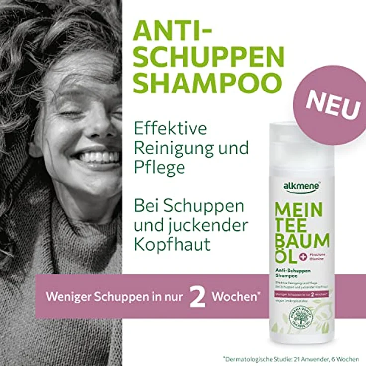 Alkmene Mein Teebaumöl Anti Schuppen Shampoo 200 ml - weniger Schuppen in 2 Wochen - naturreines Teebaumöl, vegan & klimaneutral - Shampoo gegen Schuppen & juckende Kopfhaut - Antischuppen Haarshampoo – Bild 2