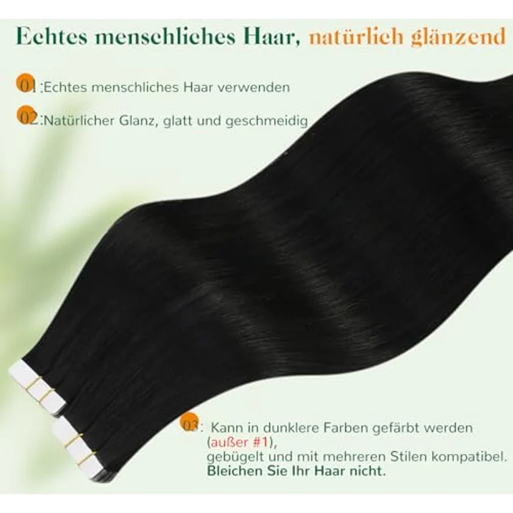 Easyouth Tape Echthaar Extensions, Remy Menschenhaar #1, Schwarz, 35cm, 40g, unsichtbarer Look, leichtes Tragen, inkl. 20 Tapes – Bild 5