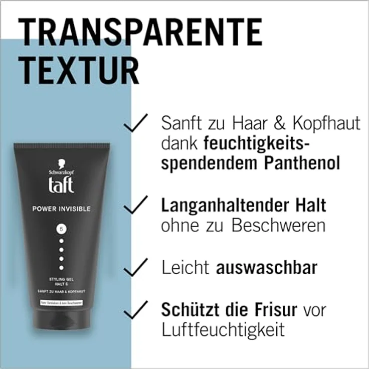 Schwarzkopf TAFT Gel Power Invisible Styling (150 ml), veganes Haargel mit Haltgrad 5, ohne Verkleben und Beschweren, sanft zur Kopfhaut – Bild 4