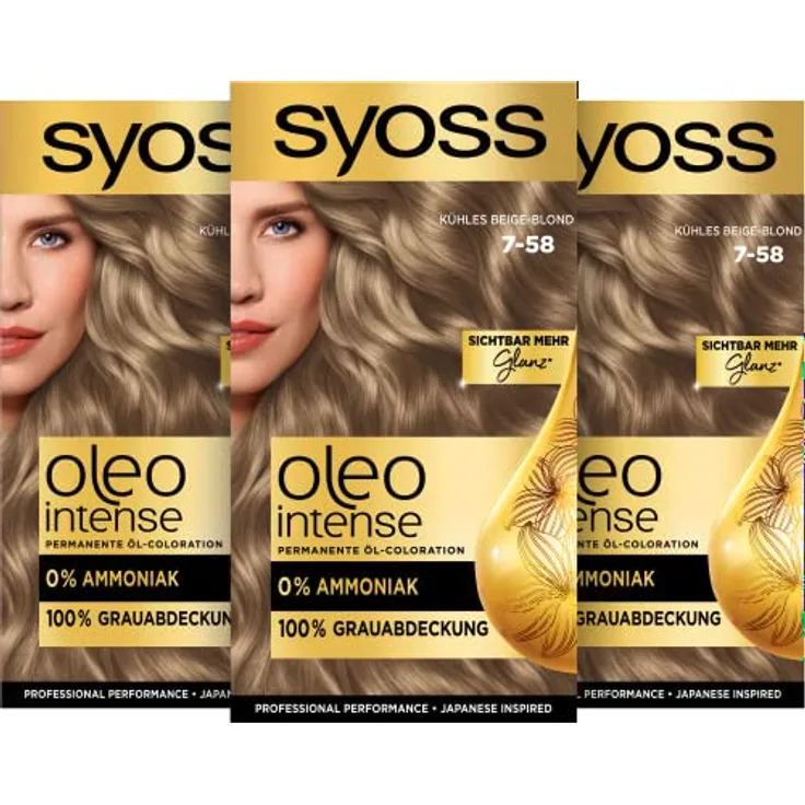 Syoss Oleo Intense Öl-Coloration 7-58 Kühles Beige-Blond Stufe (3 x 115 ml), dauerhafte Haarfarbe mit pflegendem Öl, Coloration ohne Ammoniak