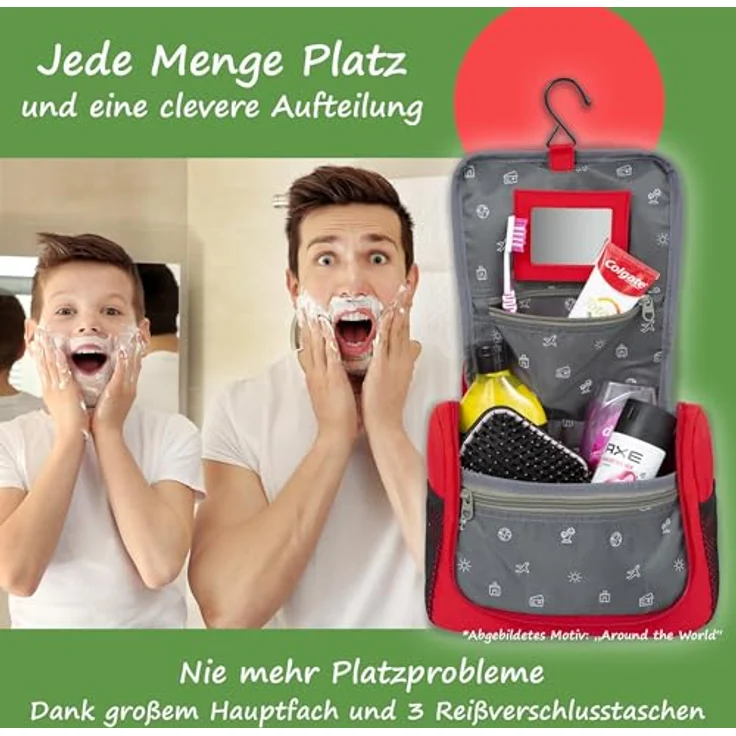 GRINSEZWERGE Kinder Kulturtasche, Reise Kulturbeutel zum Aufhängen mit großem Hauptfach, 3 Reißverschluss- und 4 Netztaschen, inklusive abnehmbarem Spiegel und Namensschild, premium Qualität und praktischer Metallhaken – Bild 3