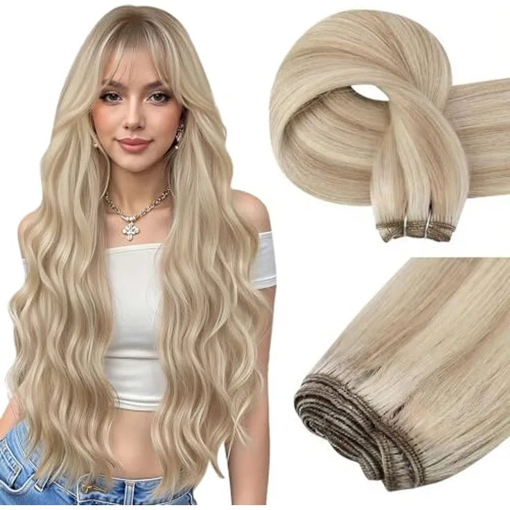 Easyouth Tressen Extensions Echthaar 45 cm, Blond Highlighted, Aschblond Mix, 100g Remy Haar