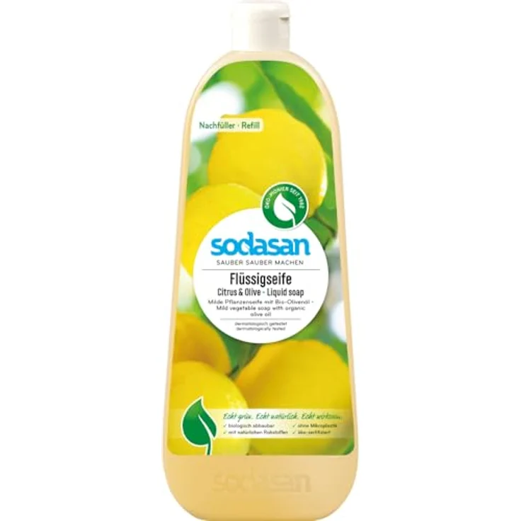 SODASAN Flüssigseife Zitrus & Olive, hautschonende Handseife mit natürlichem Duft aus ätherischen Ölen, 1 l – Bild 2