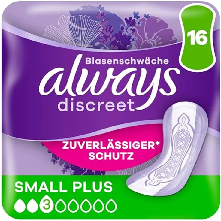 Always Discreet Inkontinenzeinlagen Small Plus, 16 Stück, Rundumschutz mit ultra-dünnem RapidDry-Kern, dermatologisch getestet, unsichtbar und mit Geruchskontrolle – Bild 1