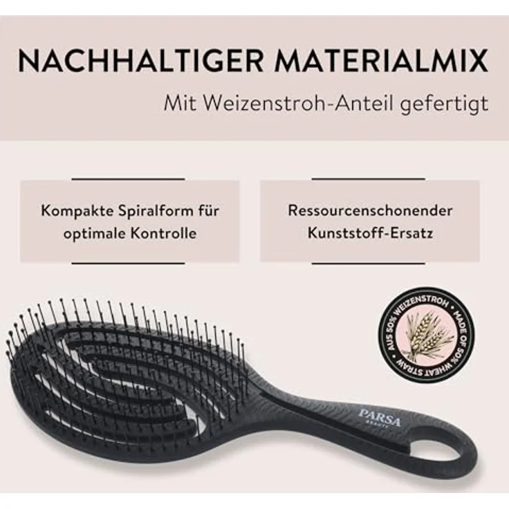 PARSA BEAUTY Nature Love Spiralbürste, Entwirrbürste mit Weizenstroh & flexiblen Pins für nasses & trockenes Haar, schwarz – Bild 4