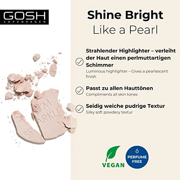 GOSH PUDER HIGHLIGHTER I'M SPARKLING, Langanhaltender Puder-Highlighter für Gesicht & Körper, Parfümfrei & Vegan, 003 Pearl Dust – Bild 2
