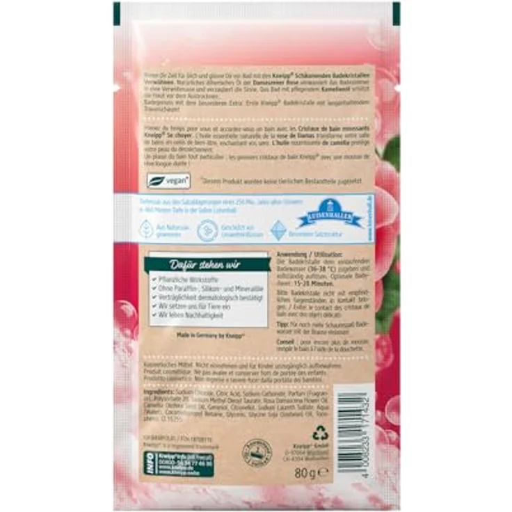 Kneipp Badekristalle Verwöhnen, Badesalz mit Tiefensalz und Damaszener Rose, pflegendem Kamelienöl, langanhaltender Traumschaum, 80g – Bild 2