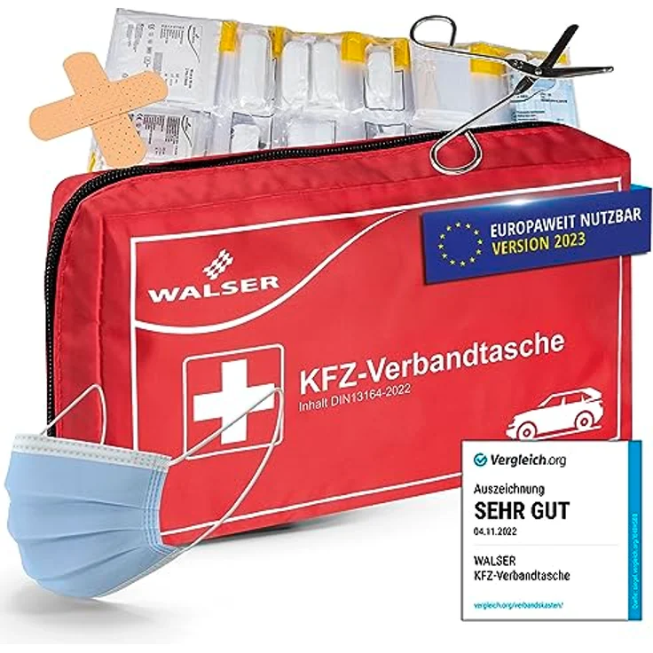 WALSER Erste Hilfe Set Auto, Verbandskasten Auto Auszeichnung Sehr Gut*, Auto Verbandskasten 2023, Erste Hilfe Kasten, Verbandskasten Auto 2023, Erste Hilfe Auto, KFZ Verbandkasten DIN 13164 rot – Bild 1