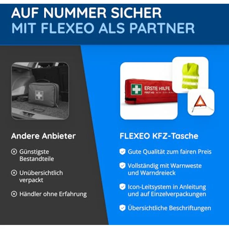 FLEXEO KFZ-Verbandkasten DIN 13164:2022, Erste-Hilfe-Tasche mit Warnweste und Warndreieck, gesetzeskonform und erweiterte Ausstattung – Bild 7