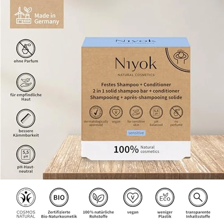 Niyok® 2-in-1 Festes Shampoo + Conditioner "Sensitiv" (80g) • Sensitiv Shampoo ohne Parfum • Parfümfreier Conditioner • Haarshampoo gegen Reizungen & gestresste Kopfhaut • Haarseife Vegan – Bild 3