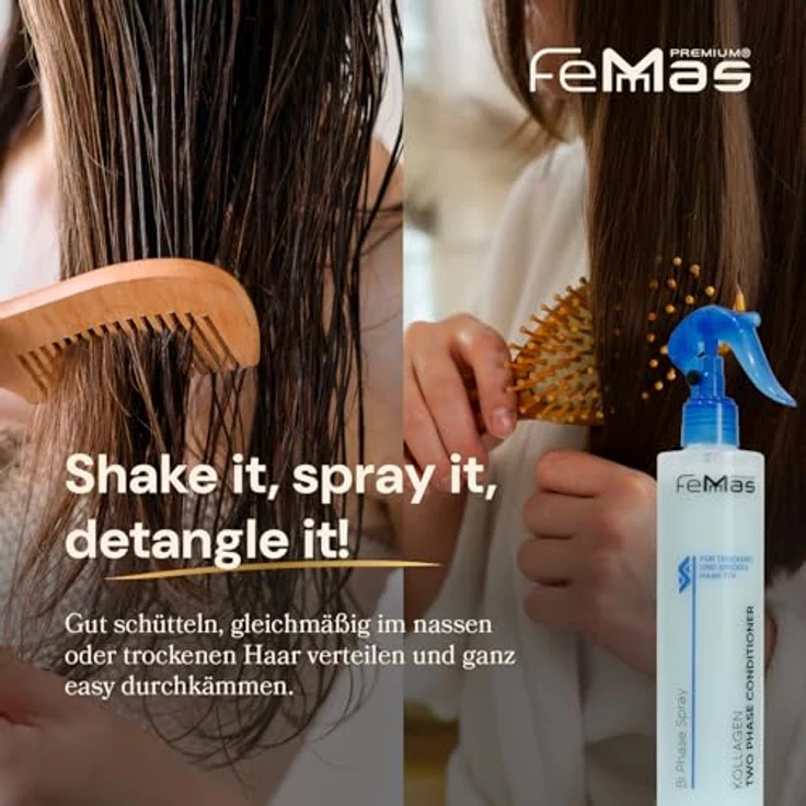 FemMas Bi-Phase Kollagen Leave In Conditioner 320ml, 2-Phasen Feuchtigkeitsspray für trockenes und sprödes Haar, Anti-Frizz Detangler Haar-Kur ohne Ausspülen – Bild 5